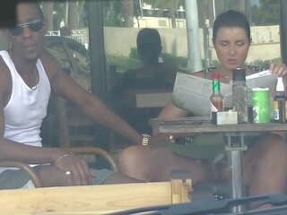 Cheating Wife &num;4 Part 3 - Hubby vids me outside a cafe Upskirt Flashing and having an Interracial affair with a Black Man&excl;&excl;&excl;