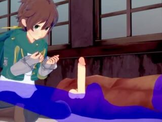 KonoSuba Yaoi - Kazuma blowjob with cum in his mouth - Japanese Asian Manga anime game sex clip gay