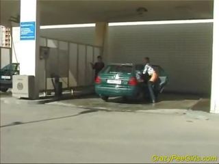 Crazy pee babe at the car wash
