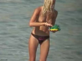 Topless blonde teen beach video