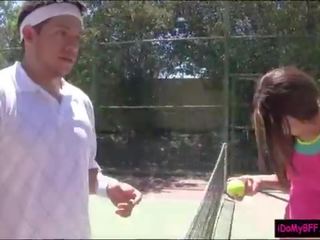 Two beguiling BFFs pounding with tennis coach